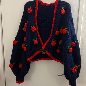 Navy Blue and Red Floral Women's Sweater
